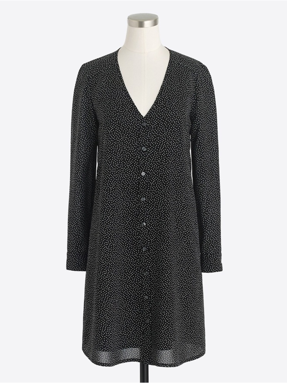 J. Crew Polka Dot Midi Dress Black White Button Front V Neck Long Sleeve Small